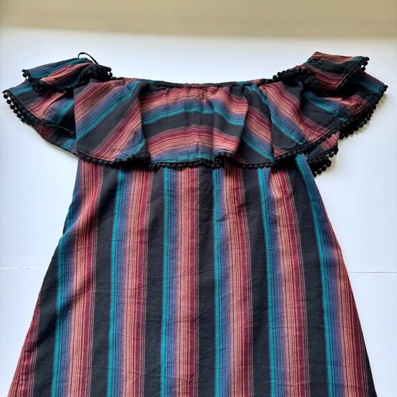 WAYF Mini Dress Striped Off the Shoulder Pom Pom Ruffle Lined Boho Beachy Sz L - Picture 15 of 16